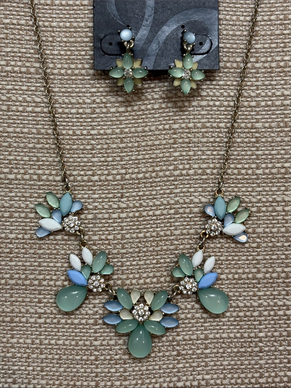 Statement Pastel Floral Necklace and Earrings Set - Mint, Light Blue & White